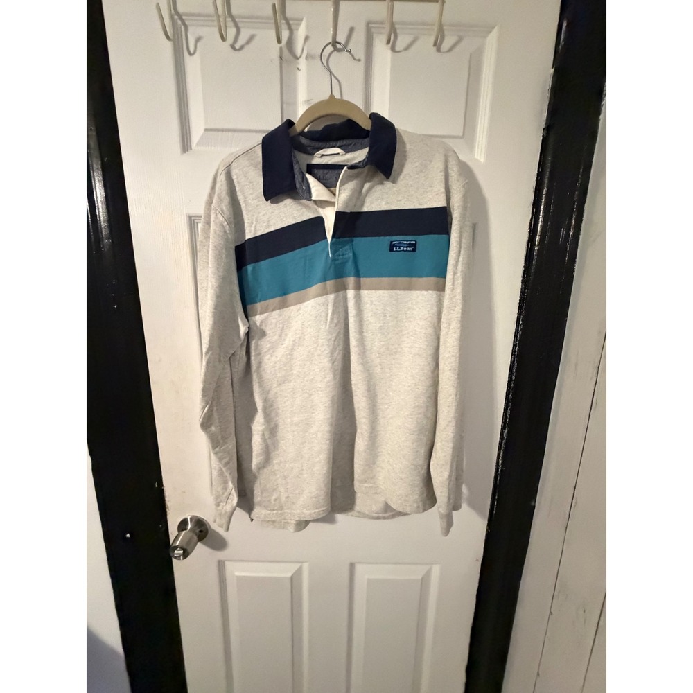 LL Bean Mens Large Rugby Shirt Long Sleeve Gray Striped Traditional Fit Polo